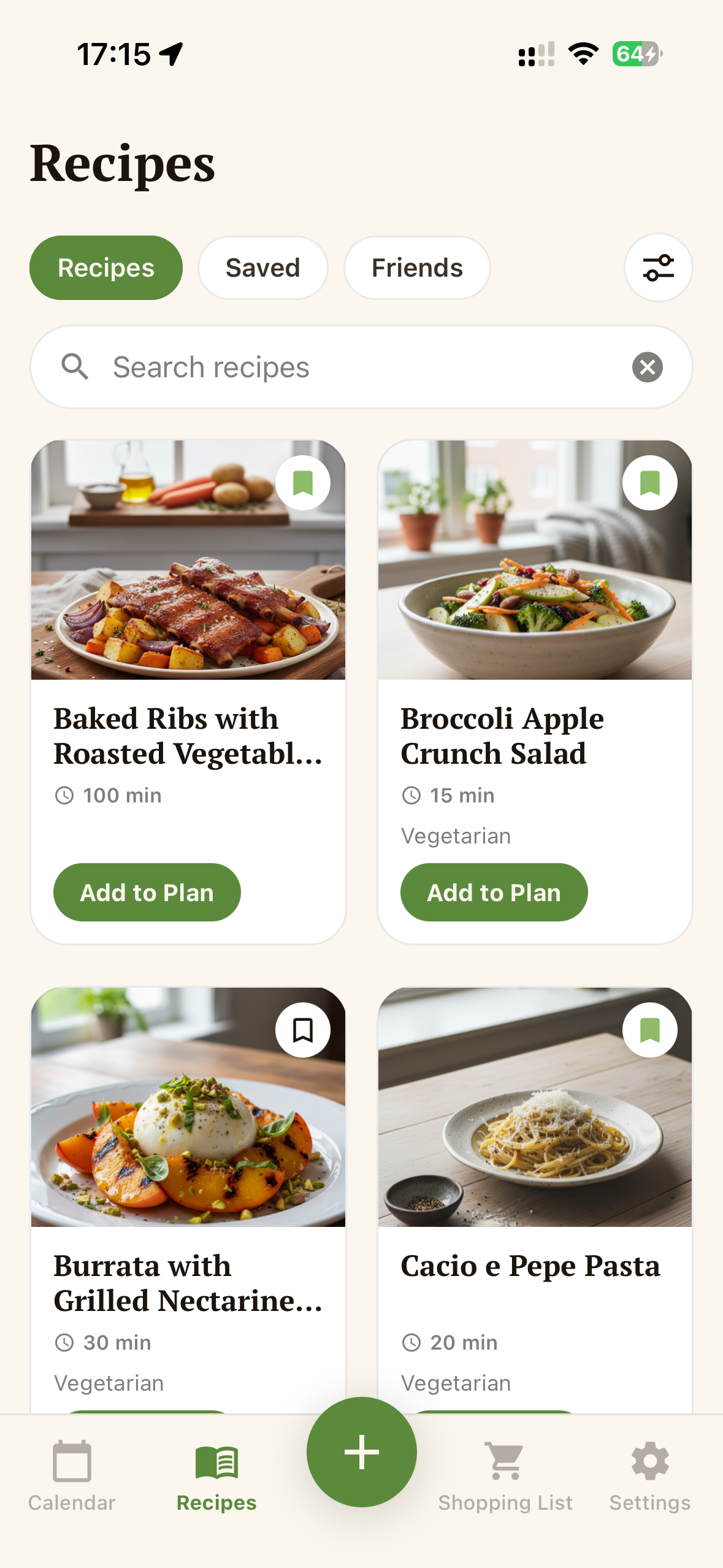 La app Kippo abierta en un móvil, con las recetas de la semana.