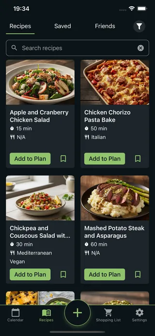 La app Kippo abierta en un móvil, con las recetas de la semana.